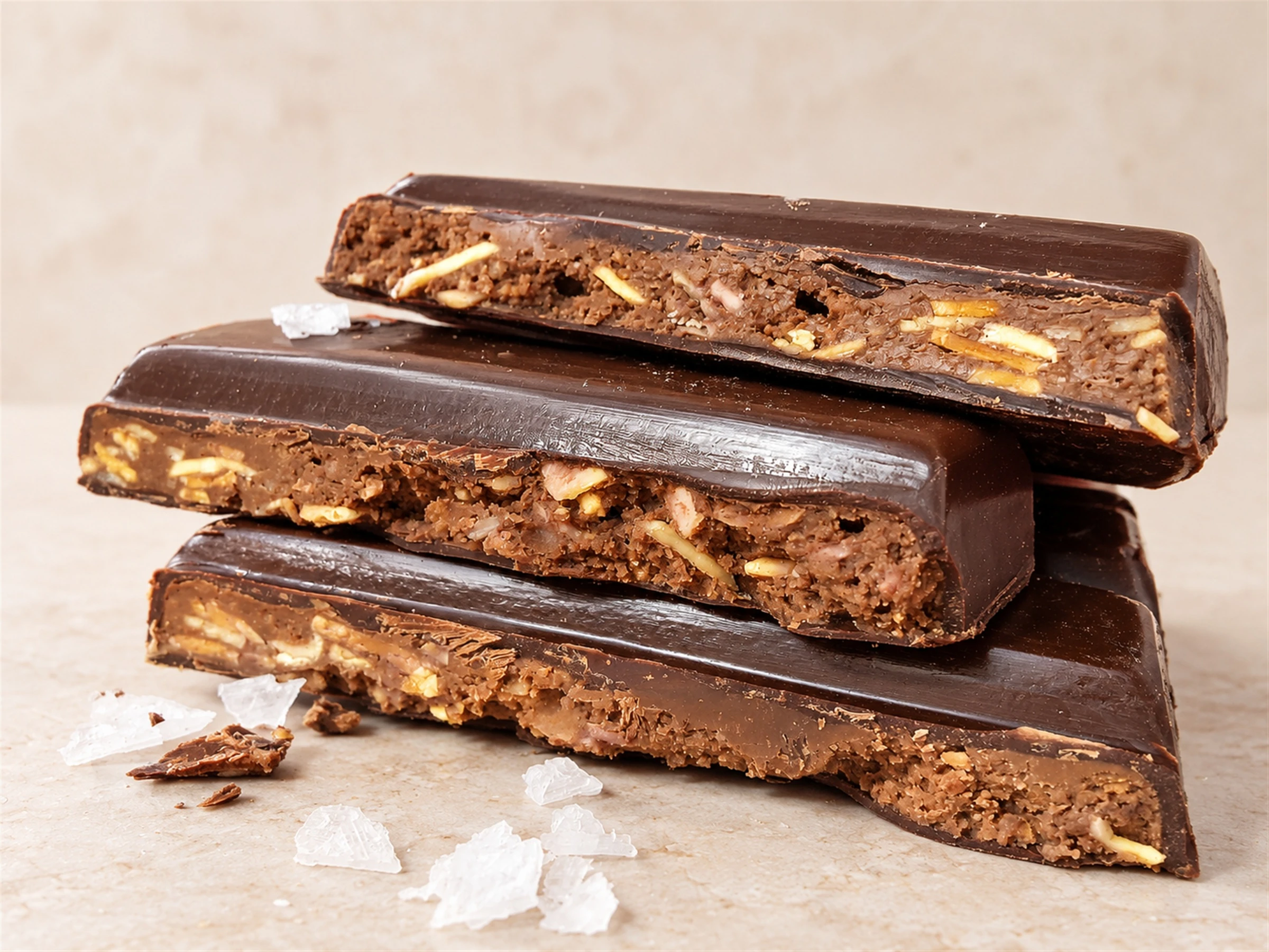 Praliné de almendra con sal de Puyet, cortado para apreciar su interior